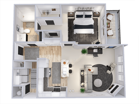 a bedroom with a bed and a chair in a room